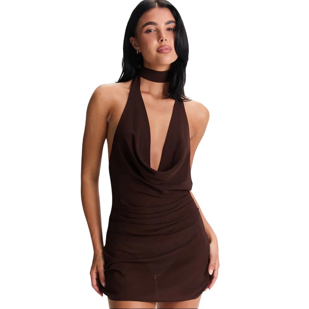 Sasha Therese Faye Mini Dress NWT Medium Chocolate Brown Halter Cowl Neck Ruched